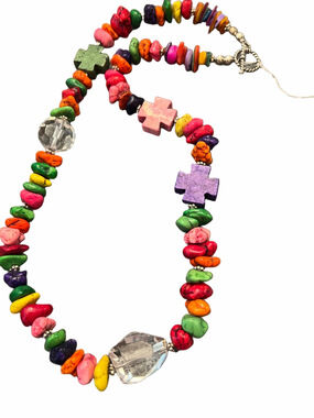 Multicolor Cross Bead Necklace - Bright Pink, Purple, Green, Orange, Yellow